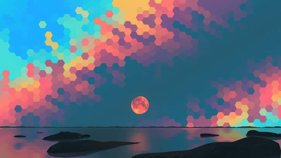 Full Moon In Orange And Teal Art Wallpaper