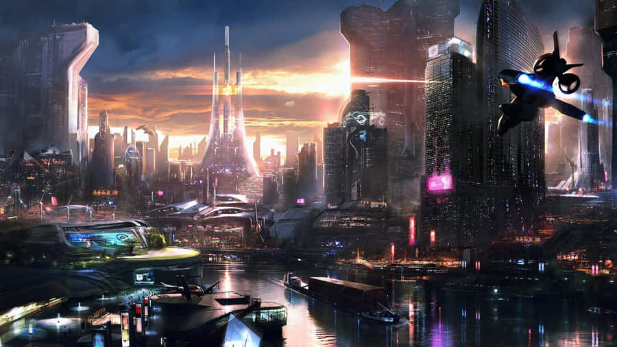 Futuristic Neon Landscape In Japan Wallpaper