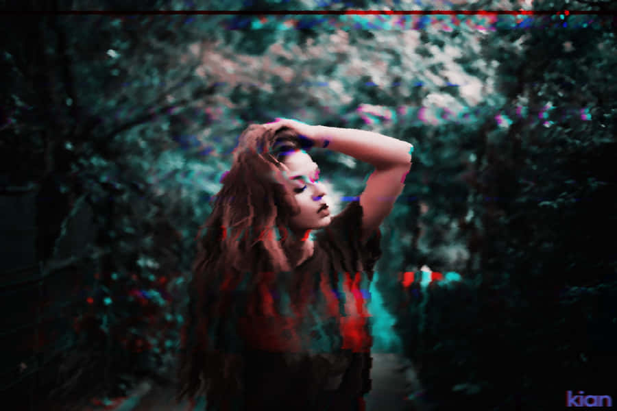 Glitch Effect Woman In Forest Wallpaper