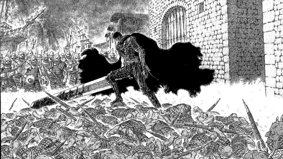 'guts - Black Swordsman Striking A Powerful Blow In Berserk Manga' Wallpaper