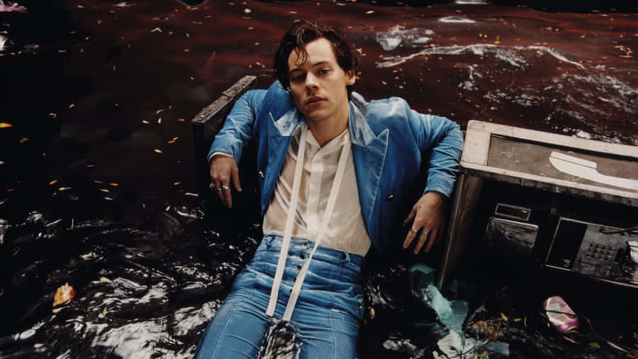Harry Styles Enjoying His Time On His Laptop Wallpaper