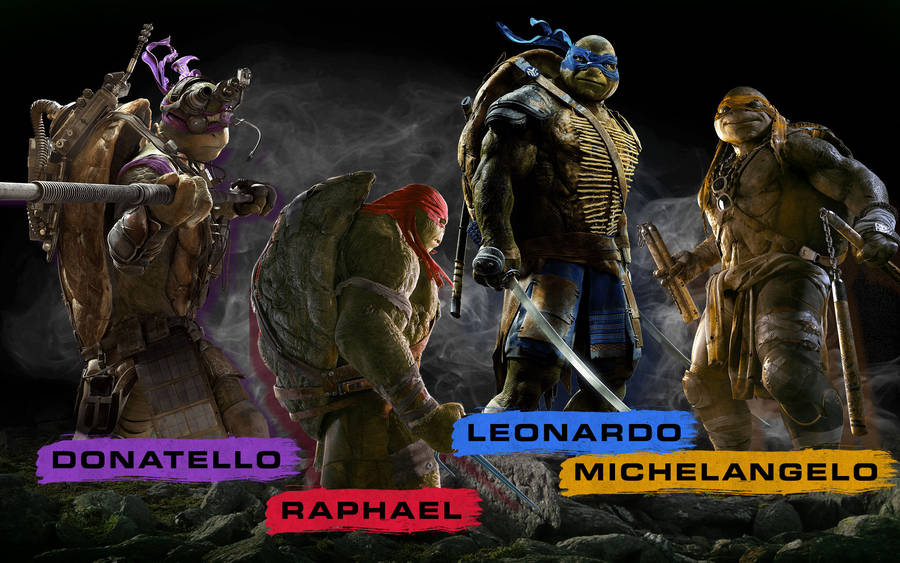 Iconic Ninja Turtles Group Shot With Names Wallpaper