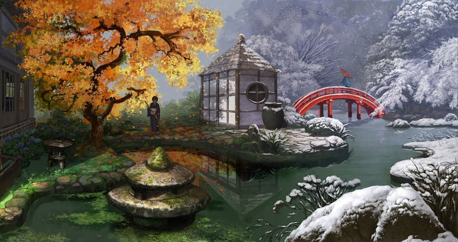 Japanese Garden Paint Art Wallpaper