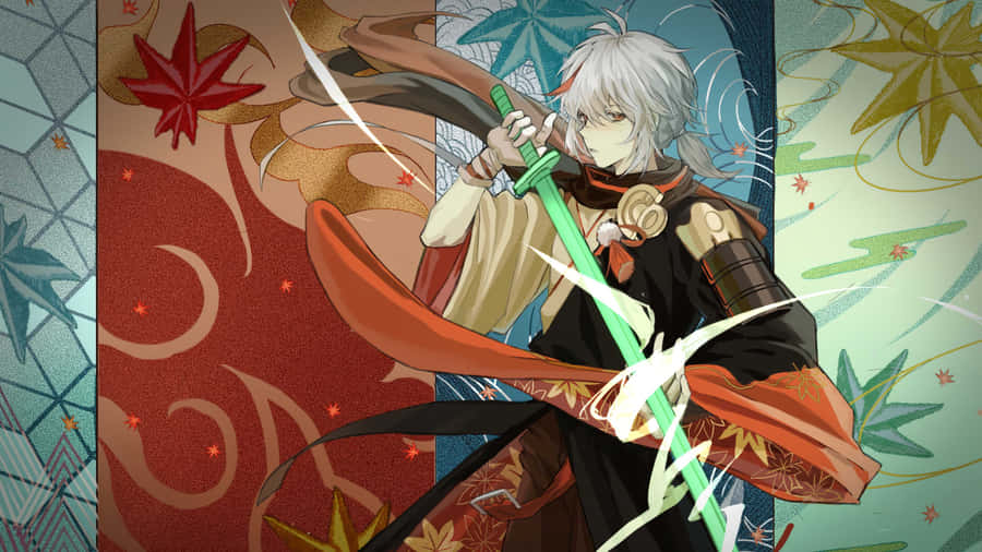 Kazuha Green Sword Colorful Maple Leaf Wallpaper