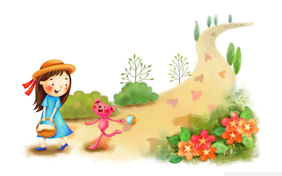 Kids Adventure With Pink Bear Wallpaper