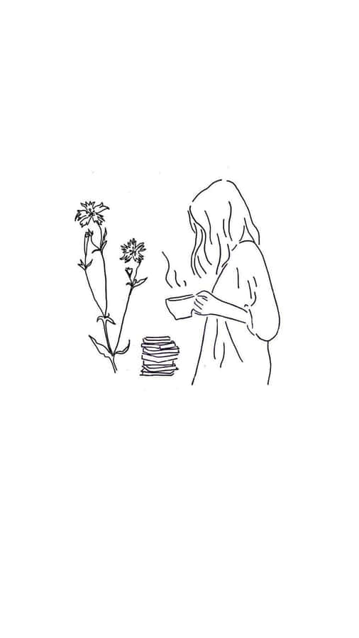 Line Art Coffee And Flowers Wallpaper