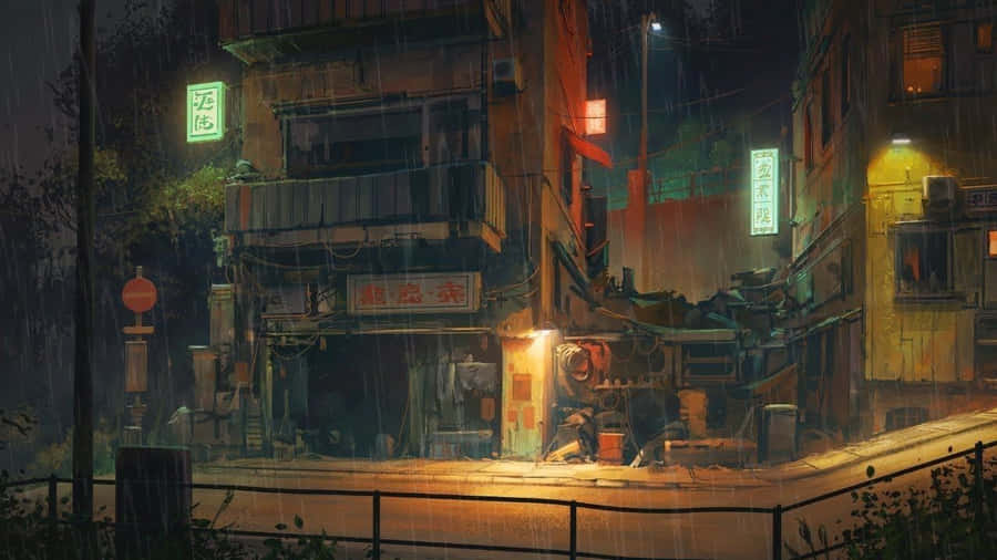 Lo Fi Raining City Streets Desktop Wallpaper
