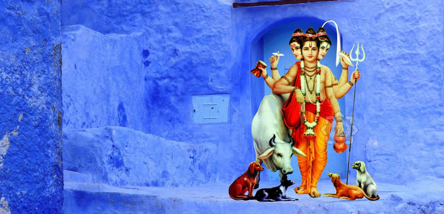 Lord Dattatreya Blue Graphic Art Wallpaper