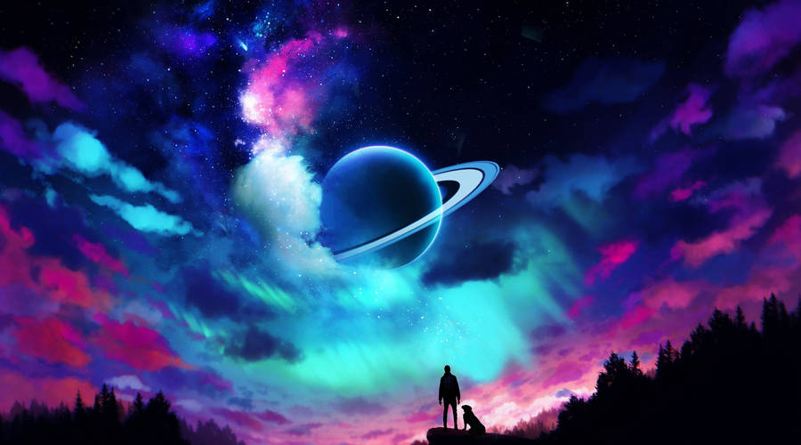 Man And Dog Under Anime Planet Wallpaper