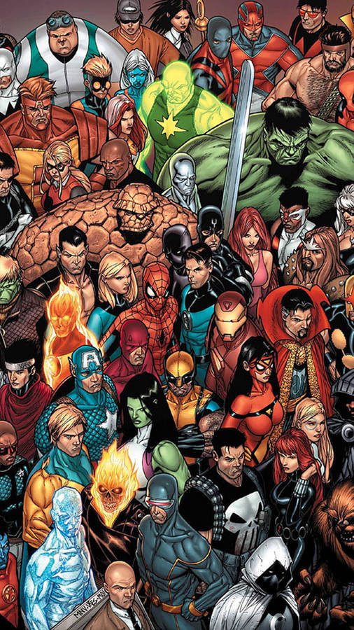 Marvel 4k Phone Superheroes Looking Up Wallpaper