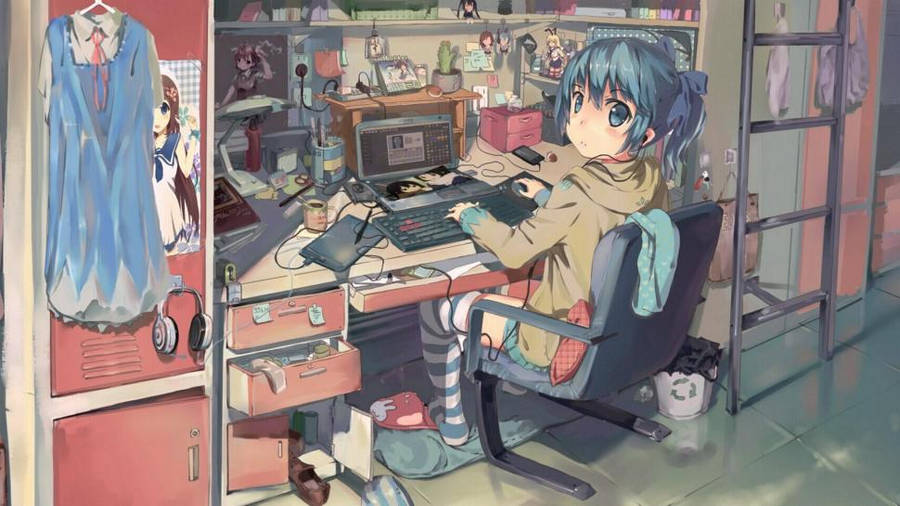 Aesthetic, cottagecore, anime, bedroom, front view, 2d, gaming setup in  center on Craiyon