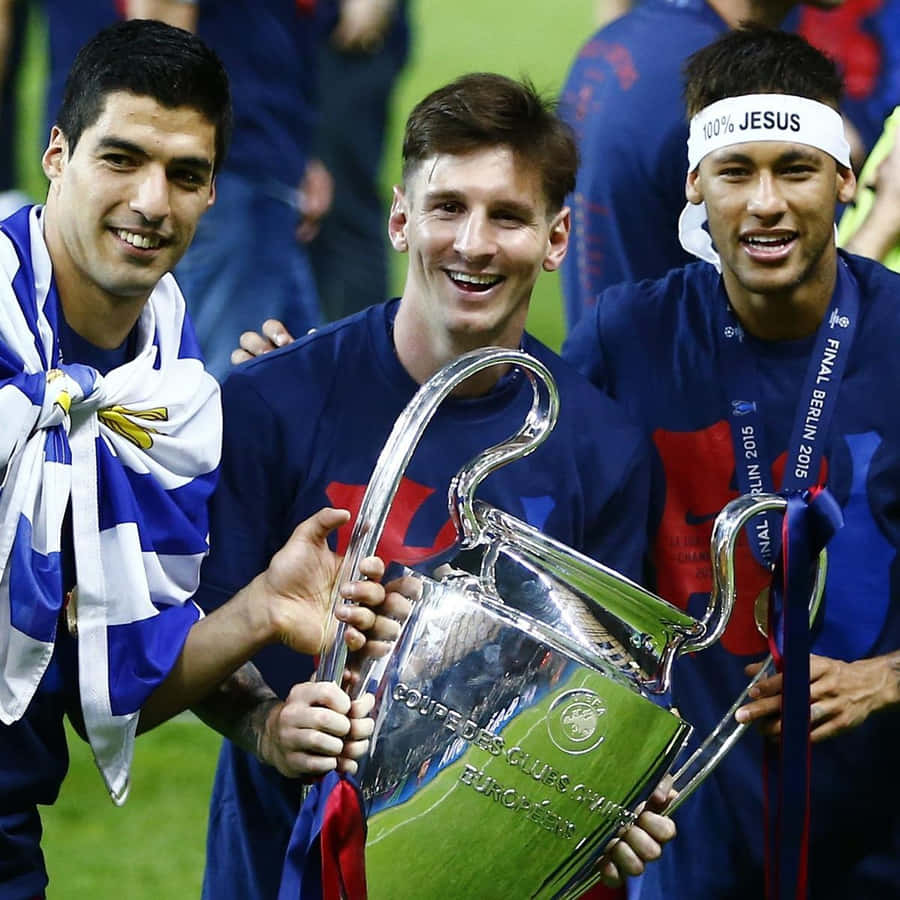 Download free Msn Trio Smiling With Ucl Trophy Wallpaper - MrWallpaper.com