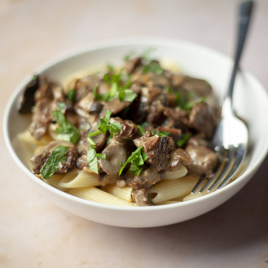 Mushrooms And Beef Stroganoff On Penne Pasta Wallpaper