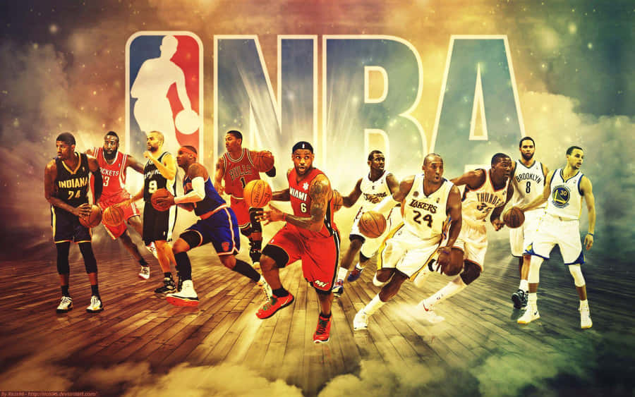Nba Stars Kevin Durant, Stephen Curry And Lebron James Raise The Championship Trophy. Wallpaper