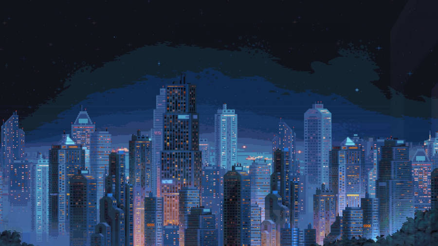 Pixel Art City Night Wallpaper