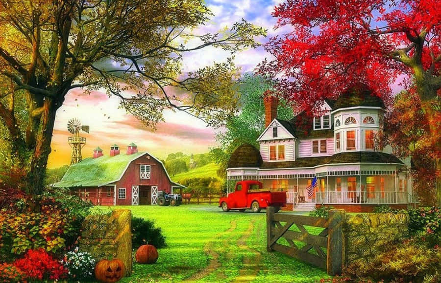 Red Trees Behind A Farmhouse Desktop Wallpaper