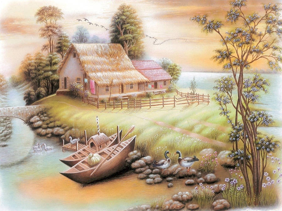 Rural House Paint Art Wallpaper