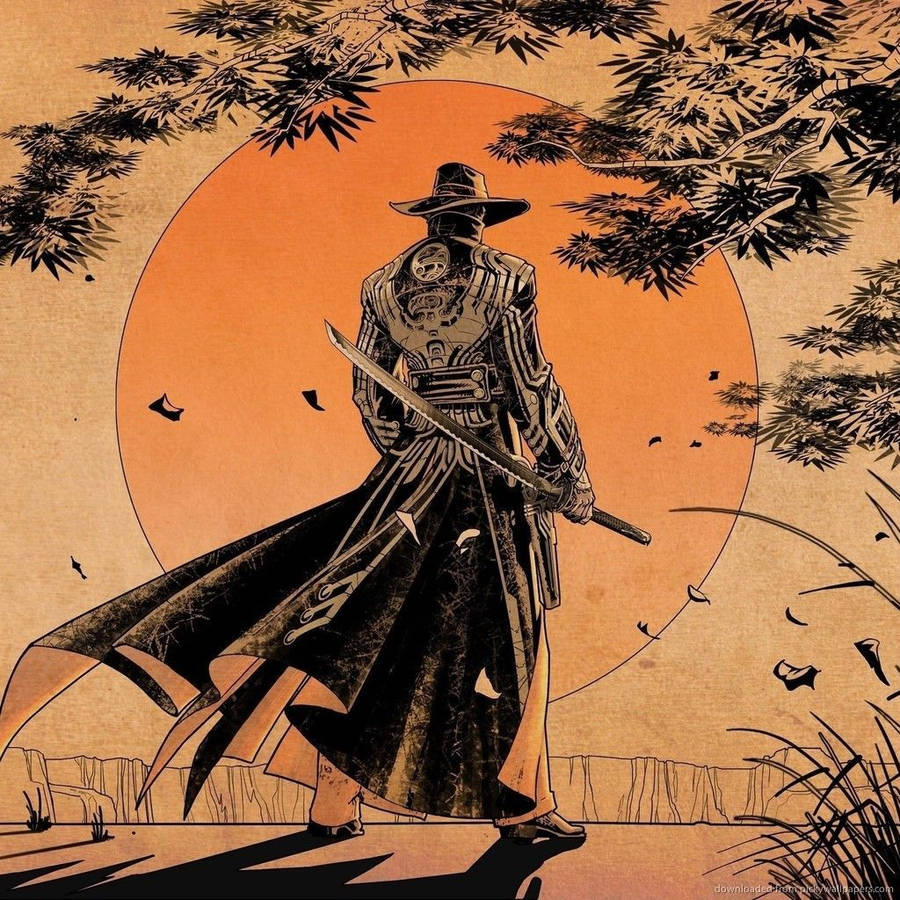 Samurai Fighting Yojinbo On A Cliff At Dusk Wallpaper