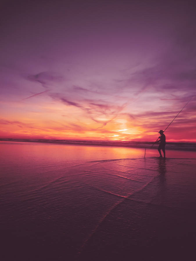 Silhouette Fishing Man Sunset Wallpaper
