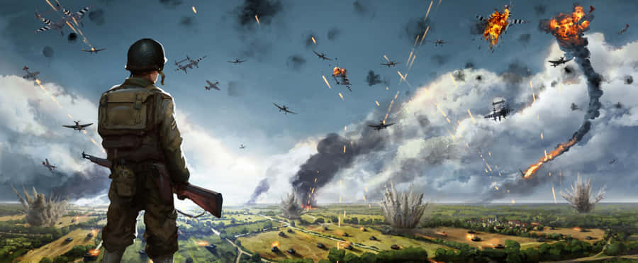 Soldier Looking At War Ultra Wide Gaming Wallpaper