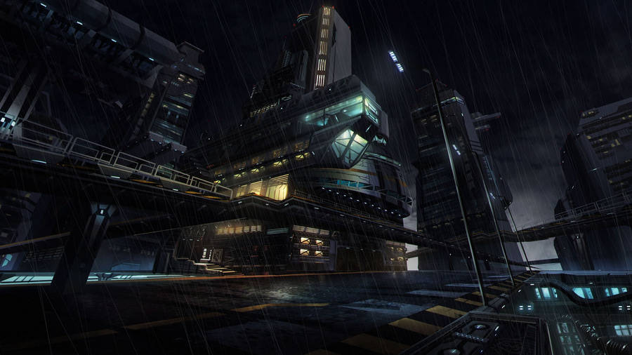 Solitary Figure Walks The Dystopian Cyberpunk Cityscape Wallpaper