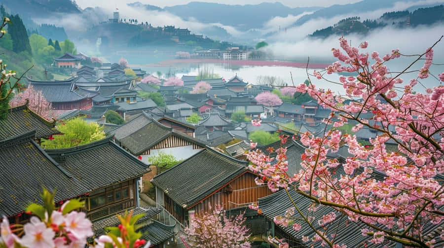 Springtime_ Blossoms_ Over_ Misty_ Village Wallpaper