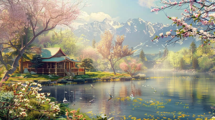 Springtime Lake Cabin Idyll Wallpaper