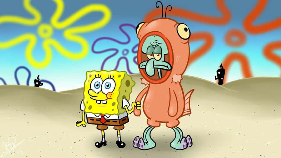 Squidward With Mascot Aesthetic Spongebob Desktop Wallpaper