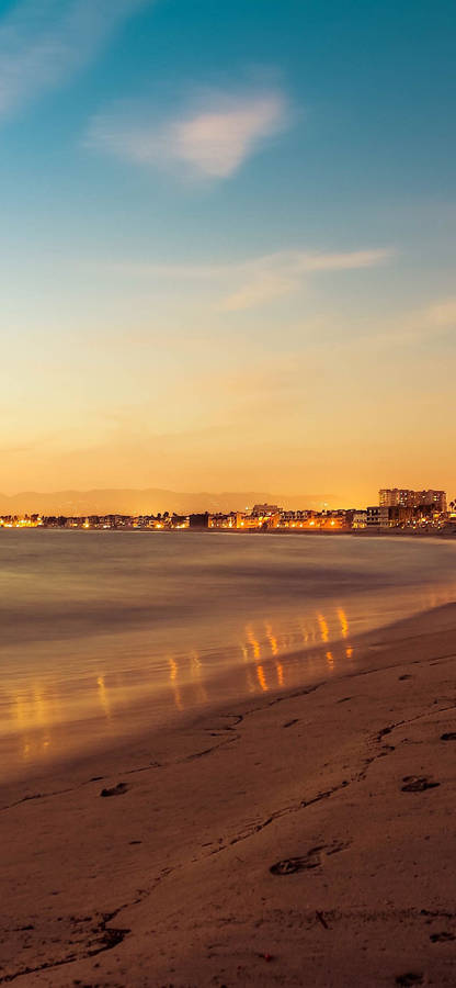 Sunset Ocean Distant Town Wallpaper
