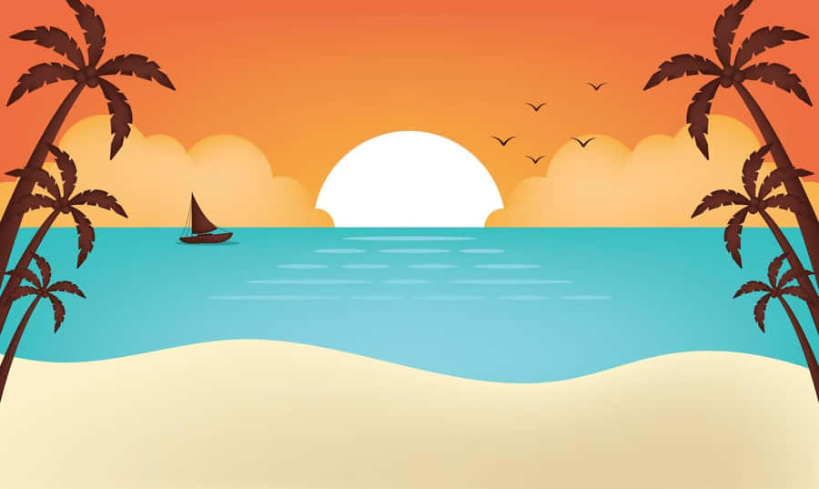 Tropical Beach Sunset Illustration Wallpaper