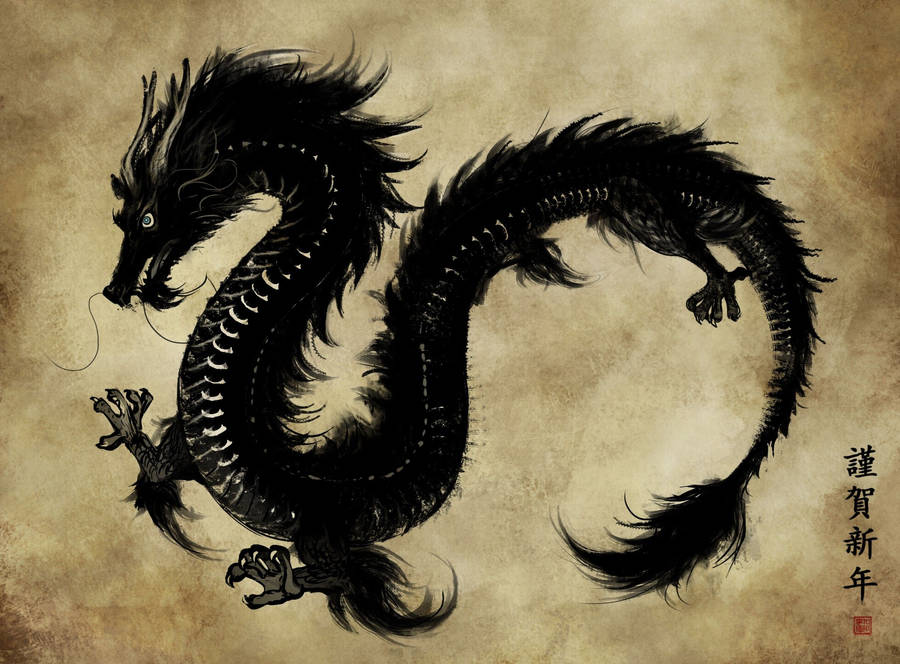 Two Black Japanese Dragons Swimming In An Ocean Setting Wallpaper