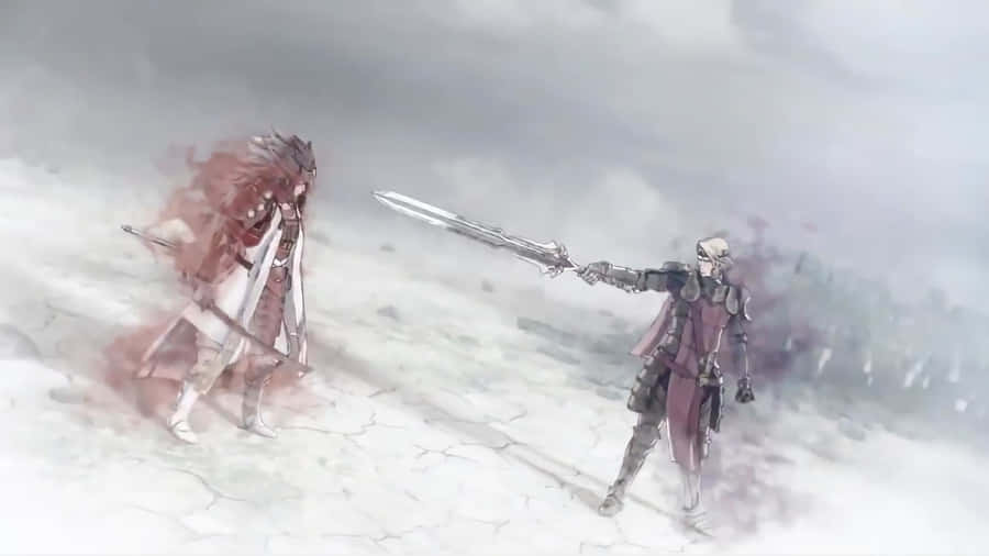 Two Characters Are Standing In The Snow With Swords Wallpaper
