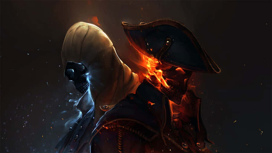 Two Characters In A Dark Background With Fire Wallpaper