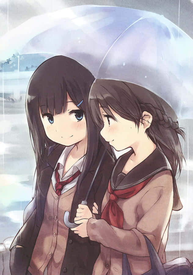 Two Happy Anime Girls In A Loving Embrace Wallpaper