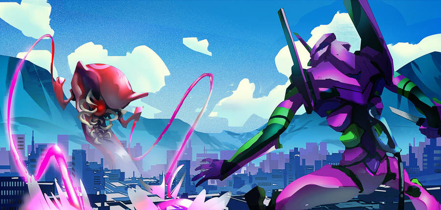 Unit-01 Against Shamshel In Evangelion Wallpaper