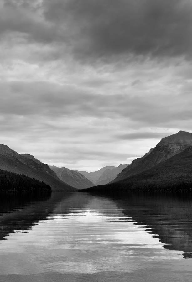 Unveiling Serenity With A Stunning Black And White Snapshot Of Bowman Lake On Iphone Wallpaper