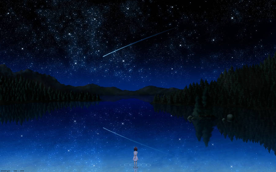 Valley Scenery Anime Night Sky Wallpaper