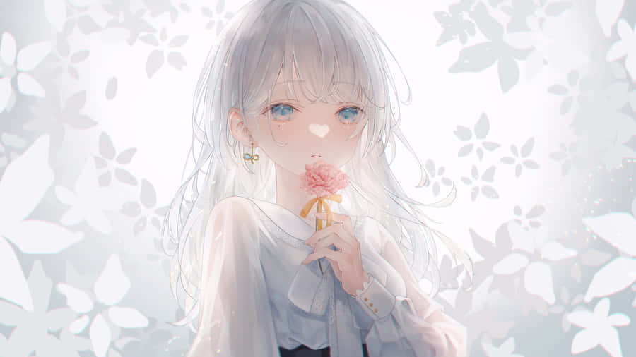 White Haired Anime Girl In Red Dress Wallpaper