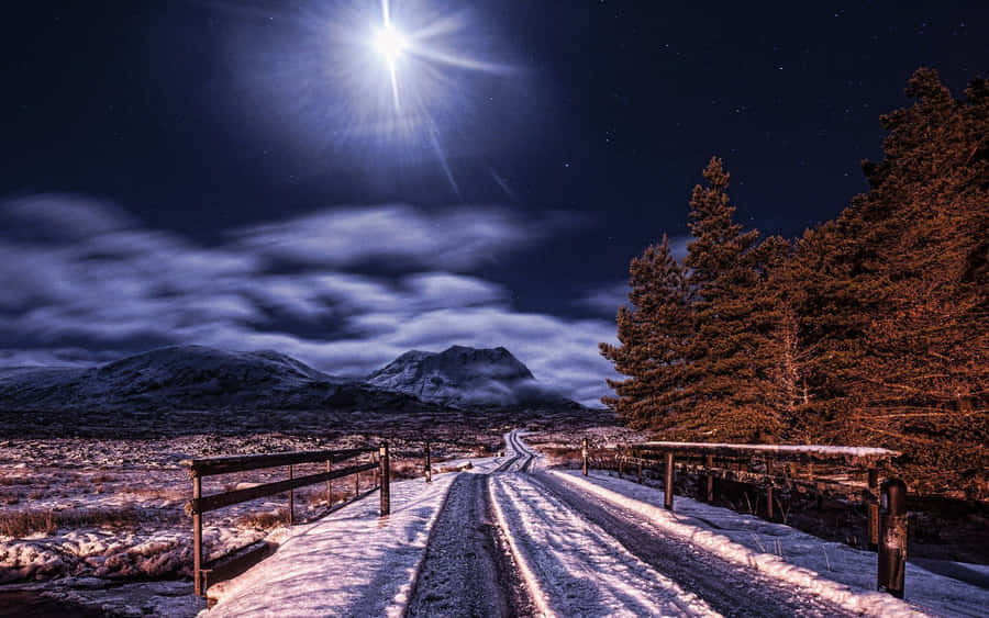 Winter Night Desktop With A Bright Star Wallpaper