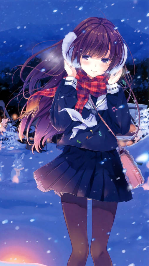 Download free Winter Phone Anime Girl Earmuffs Wallpaper - MrWallpaper.com