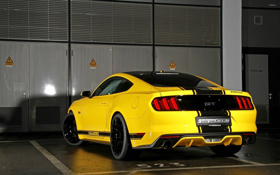 Yellow Ford Mustang Rear Wallpaper