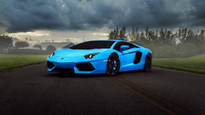 1080p Hd Blue Sports Car On Road Wallpaper