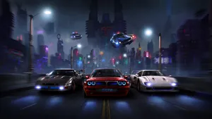1440p Racing Cars On Night City Road Wallpaper