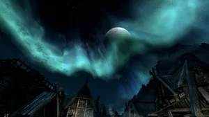 2560 X 1440 Skyrim Northern Lights In City Wallpaper