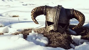 2560 X 1440 Skyrim Viking Helmet On Snow Wallpaper