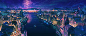 3440x1440 City Fireworks Wallpaper