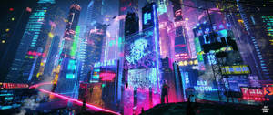 3440x1440 City Futuristic In Neon Lights Wallpaper