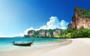 4k Beach With Boat Wallpaper
