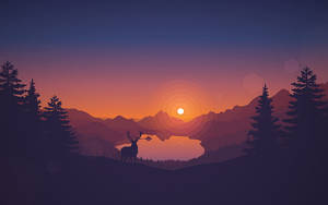 4k Flat Sunset Reindeer And Pine Trees Wallpaper