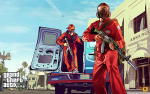 4k Gta 5 Burglars In Red Jumpsuits Wallpaper